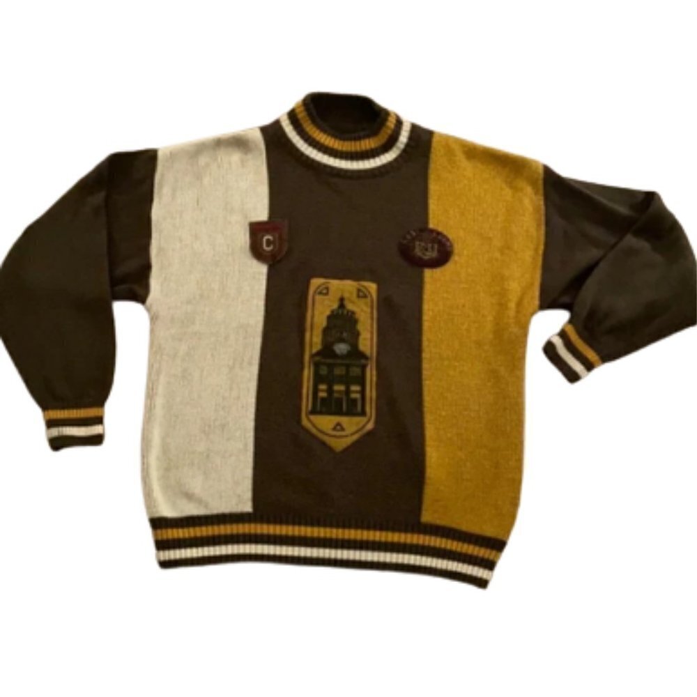 Vintage collegiate sweater academia color block patchwork mock neck preppy